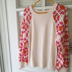 Chic Women's Hot Pink And Cream Puff Crochted Sweater. Size Large